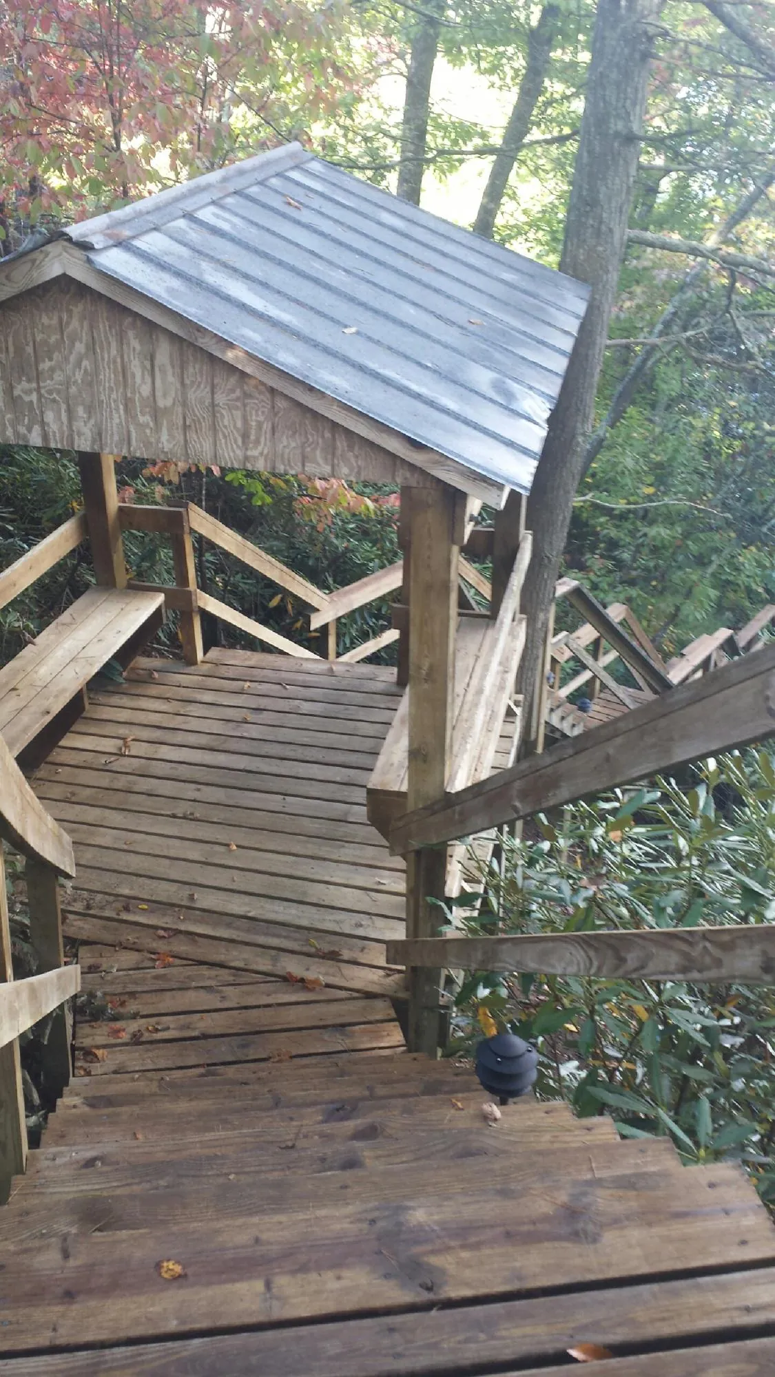 Metal roofed shelter over wooden steps on a wooded walkway — Skylight Repair & Installation work by our crew in Solana Beach